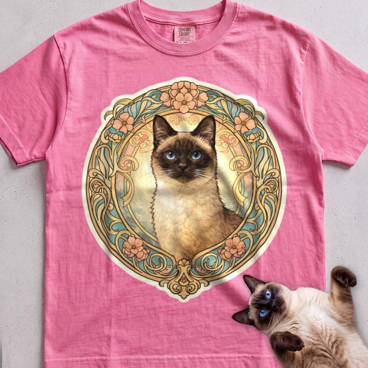 Art Nouveau Cat Portrait Personalized tee, Azalea, with matching cat
