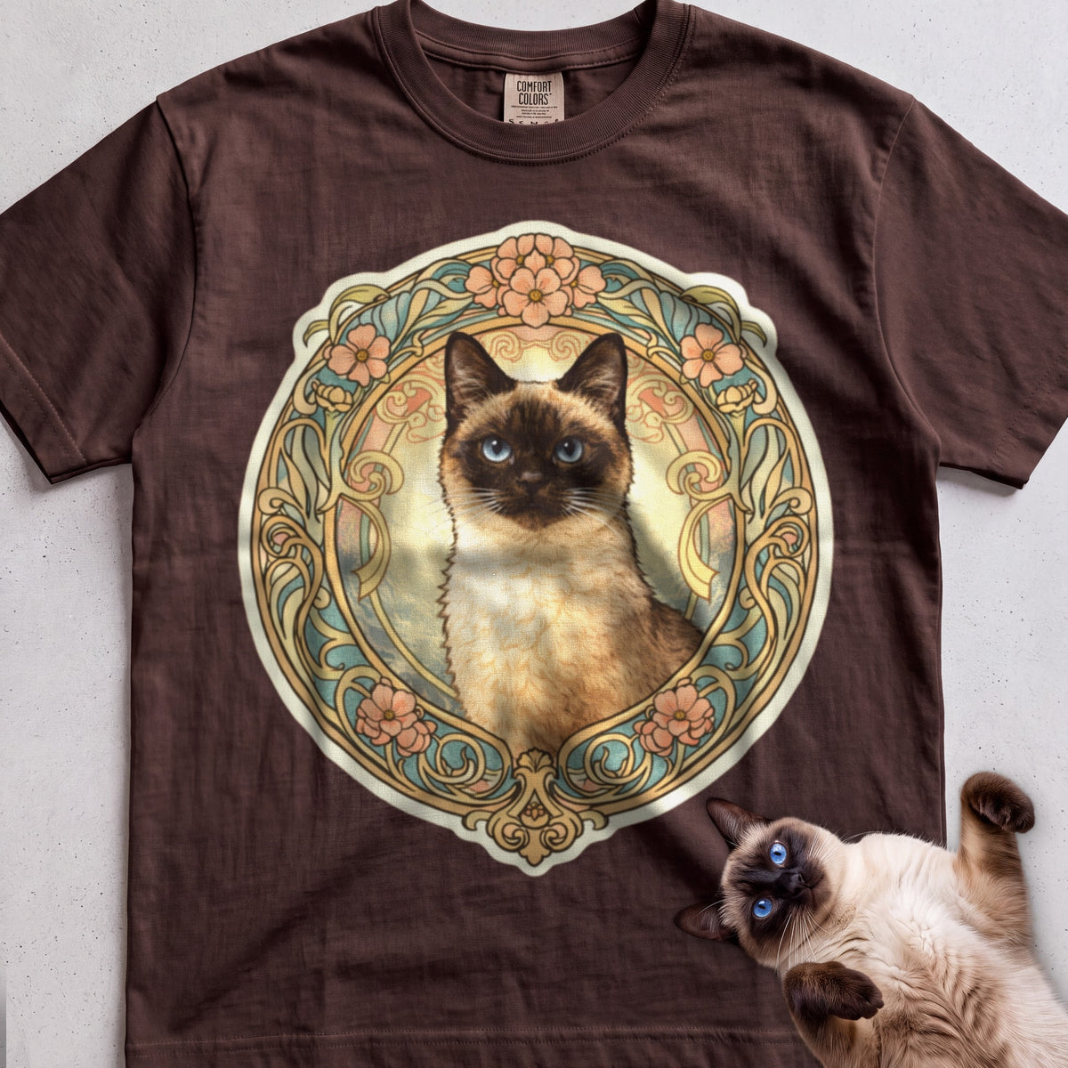 Art Nouveau Cat Portrait Personalized tee, Dark Chocolate, with matching cat