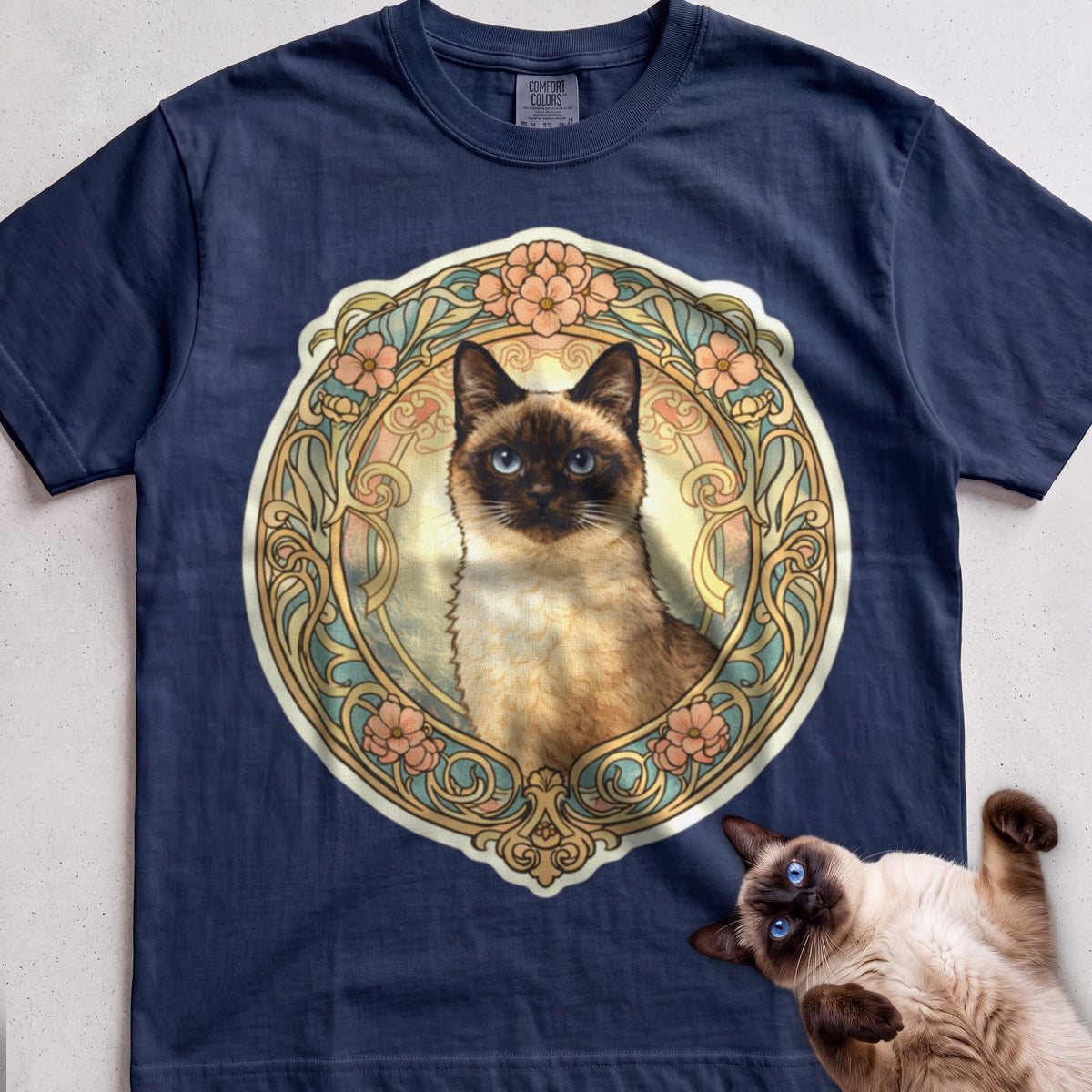 Art Nouveau Cat Portrait Personalized tee, Navy, with matching cat