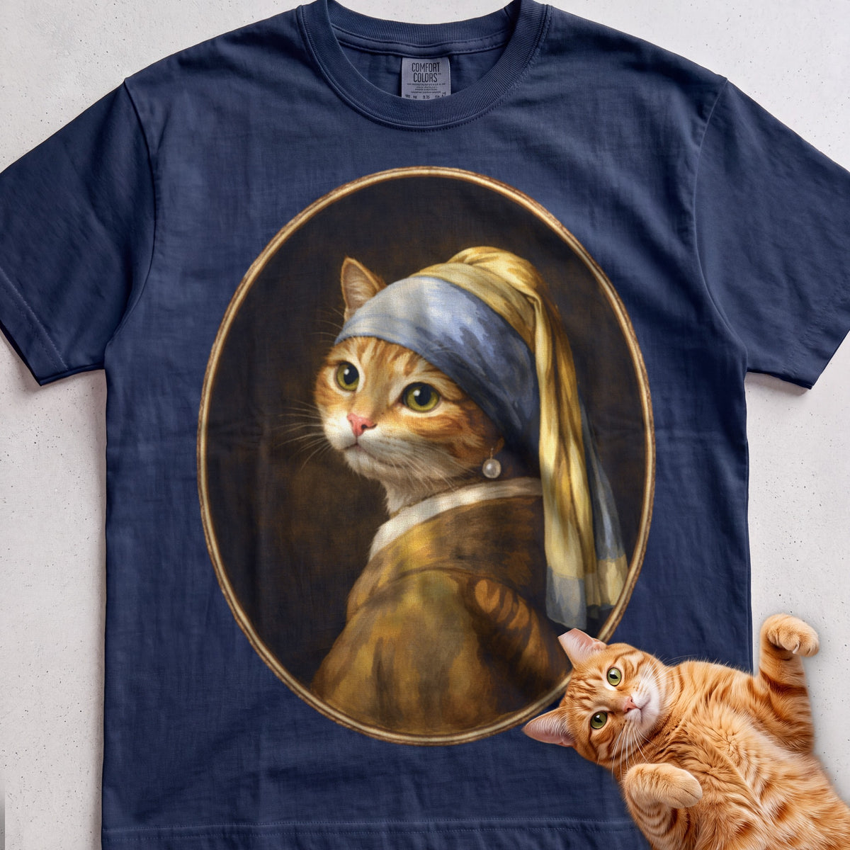 Art Personalized Custom Cat tee, Navy, with matching cat