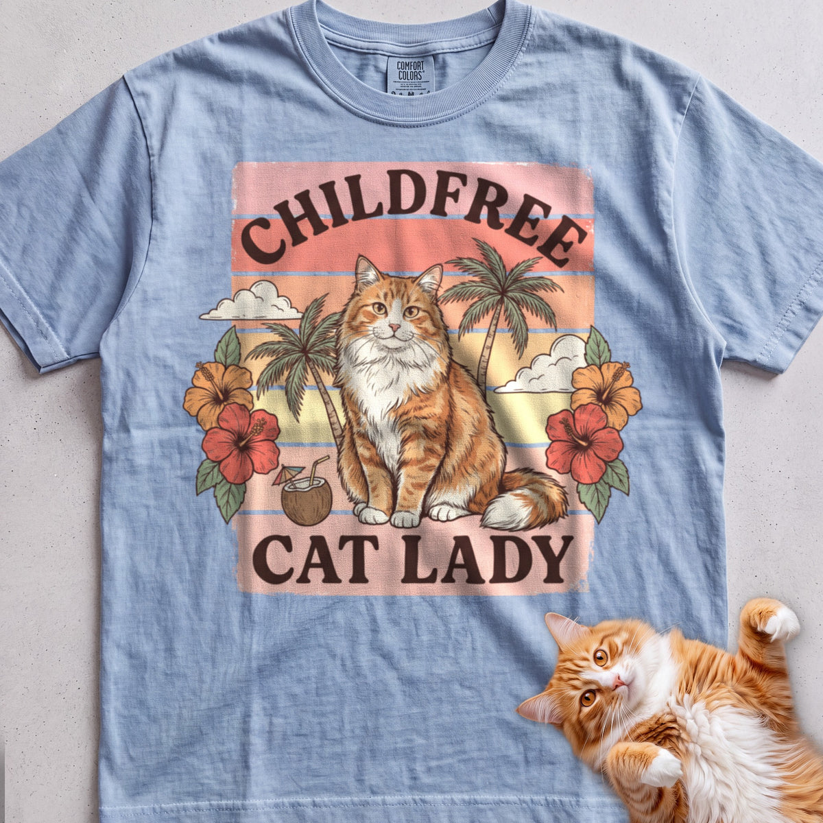 Childfree Cat Lady Customizable Personalized tee, Light Blue, with matching cat