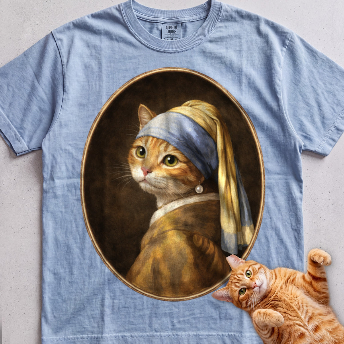 Art Personalized Custom Cat tee, Light Blue, with matching cat