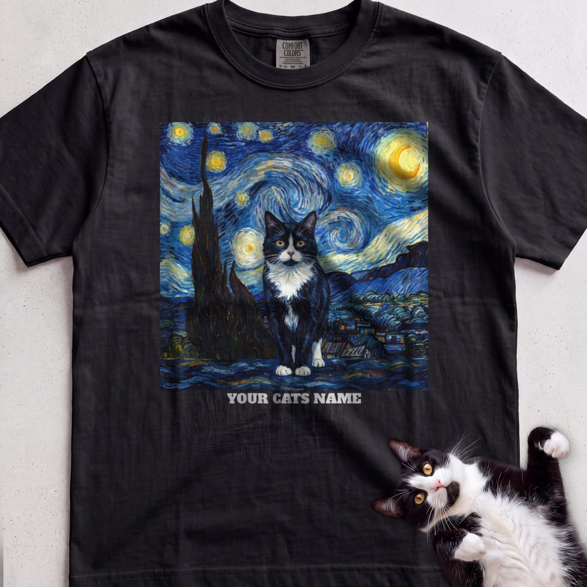 Personalized Starry Night Cat tee, Black, with matching cat