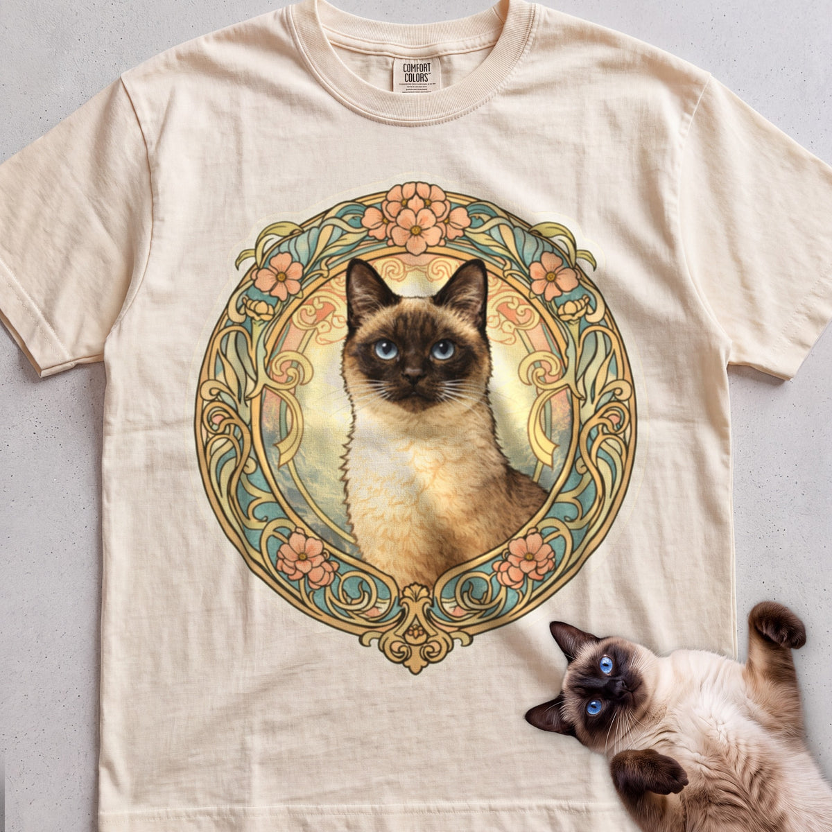 Art Nouveau Cat Portrait Personalized tee, Natural, with matching cat