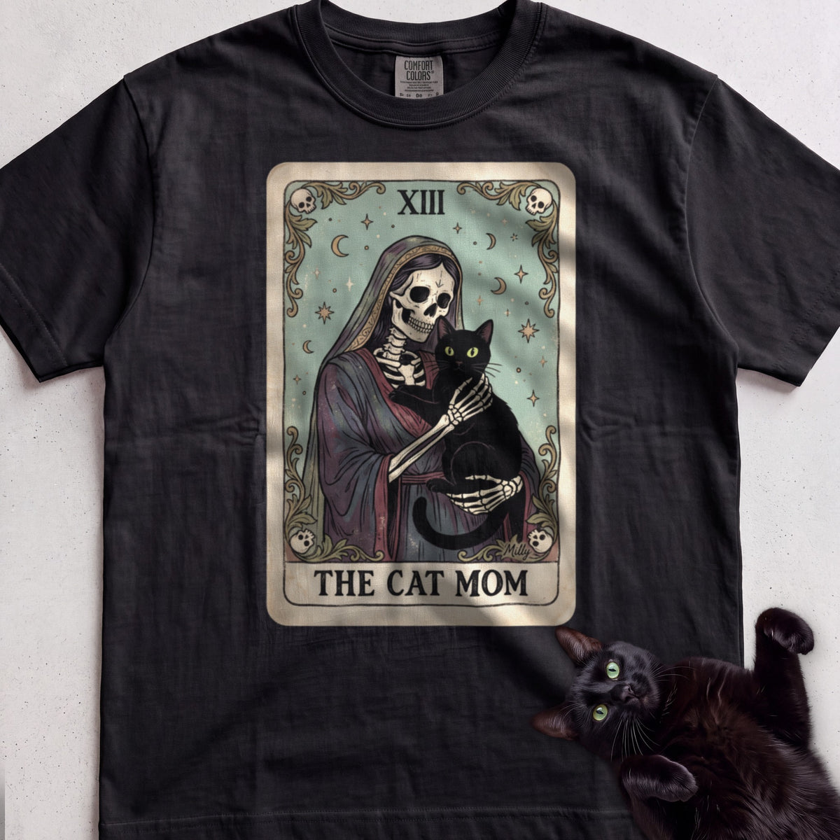 Tarot 'The Cat Mom' Personalized tee, Black, with matching cat