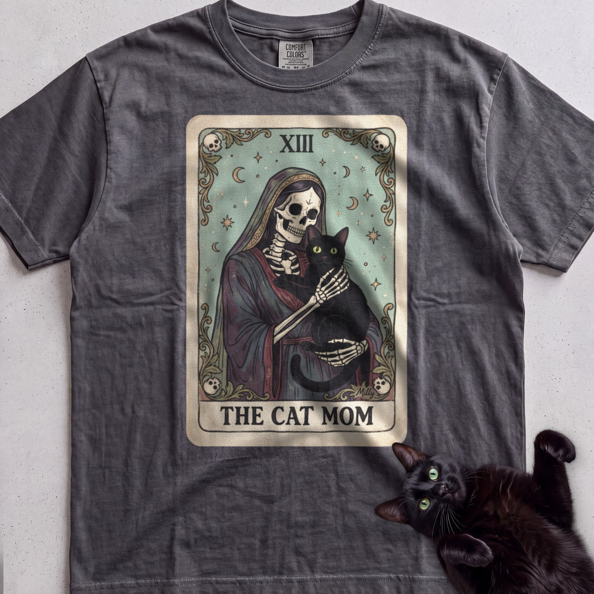 Tarot 'The Cat Mom' Personalized tee, Dark Heather, with matching cat
