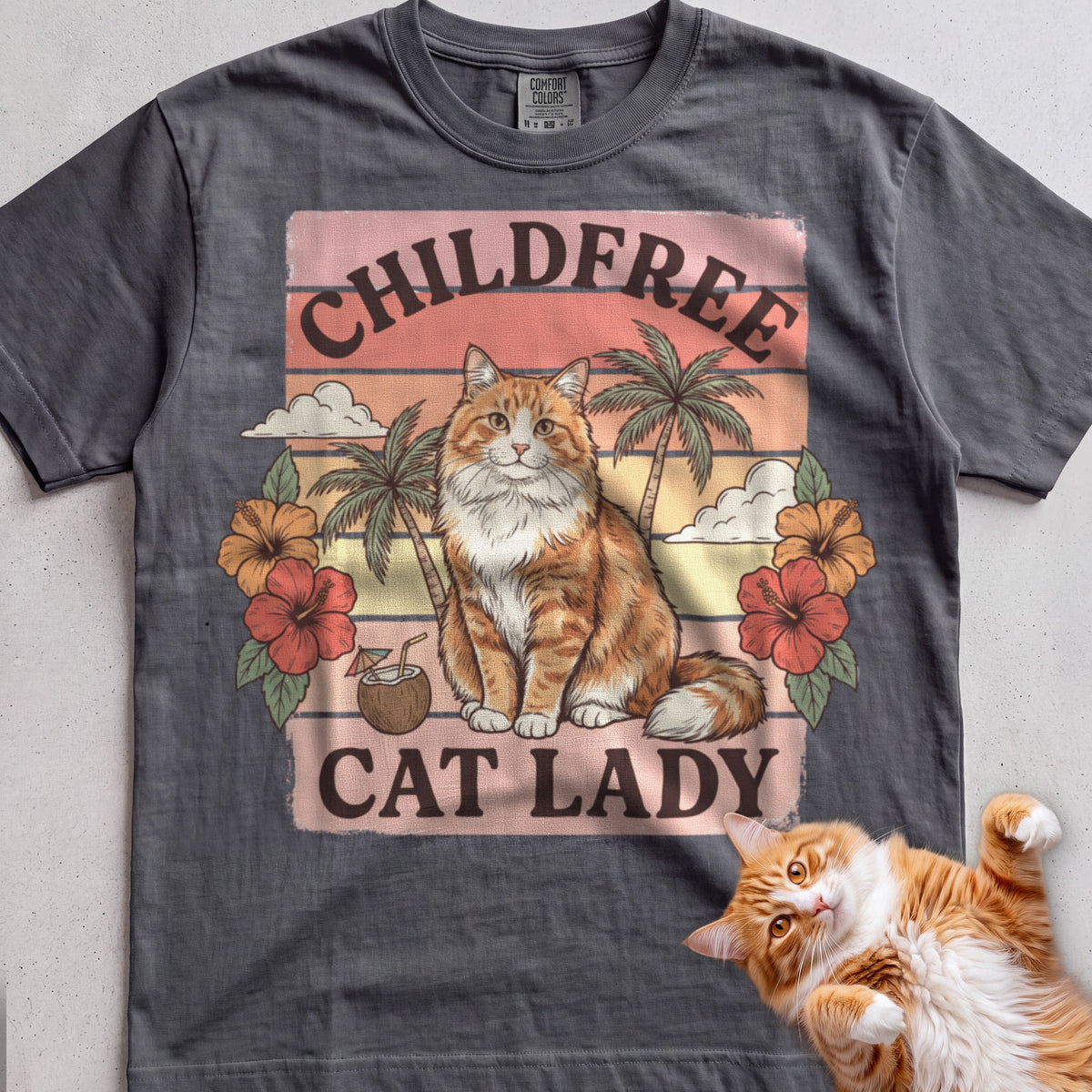 Childfree Cat Lady Customizable Personalized tee, Charcoal, with matching cat