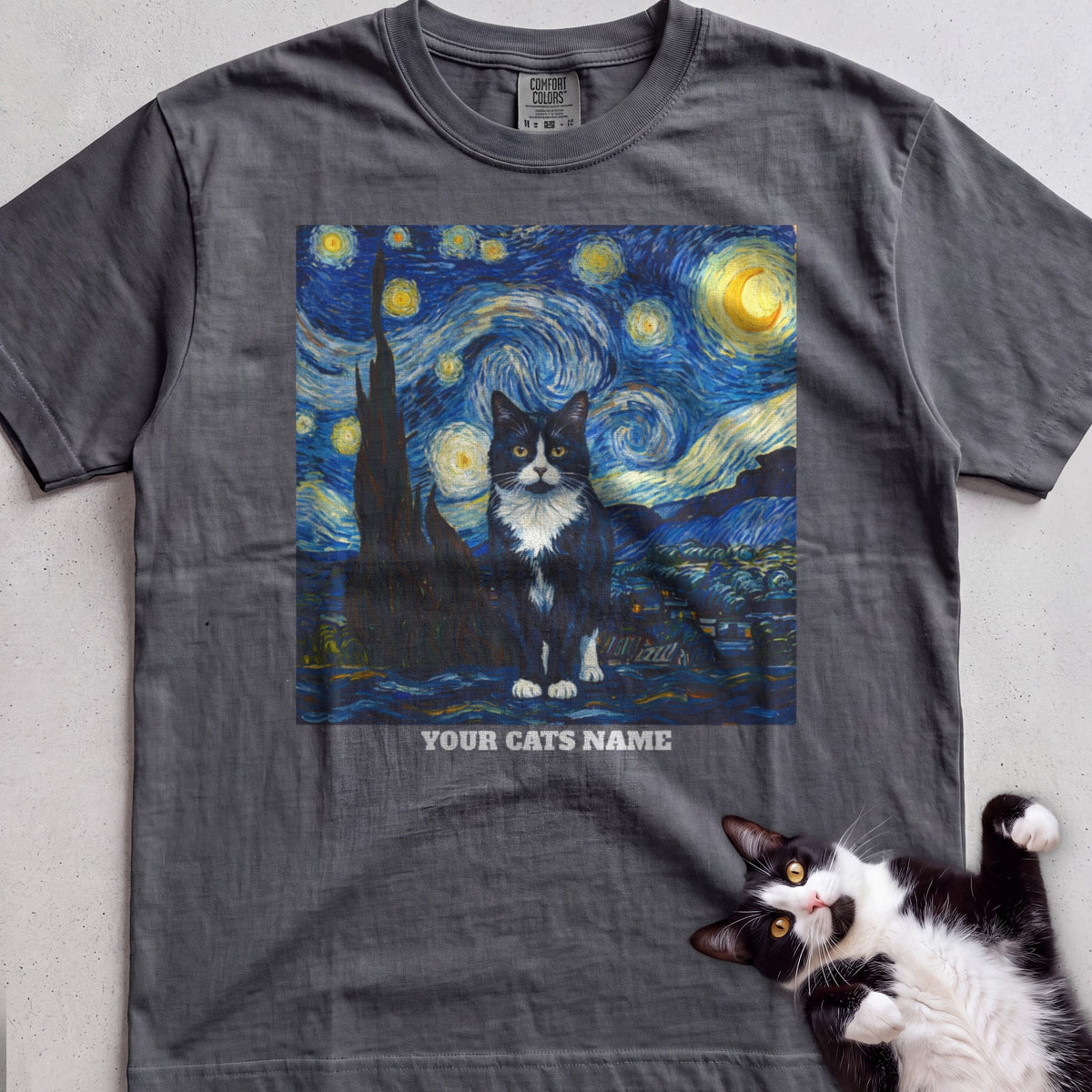 Personalized Starry Night Cat tee, Charcoal, with matching cat