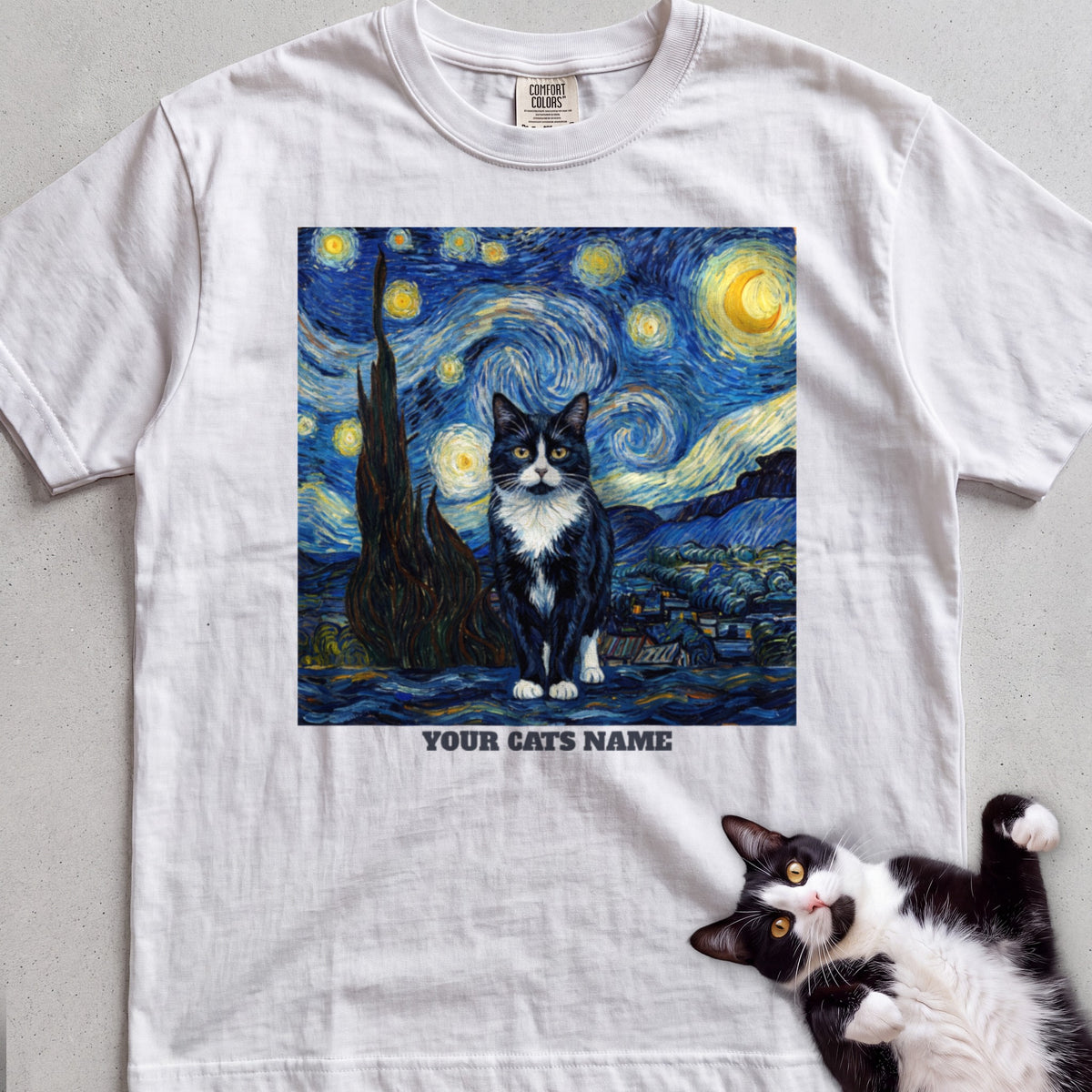 Personalized Starry Night Cat tee, White, with matching cat
