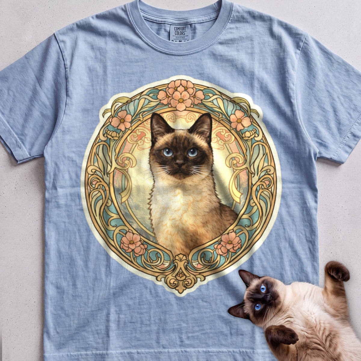 Art Nouveau Cat Portrait Personalized tee, Light Blue, with matching cat