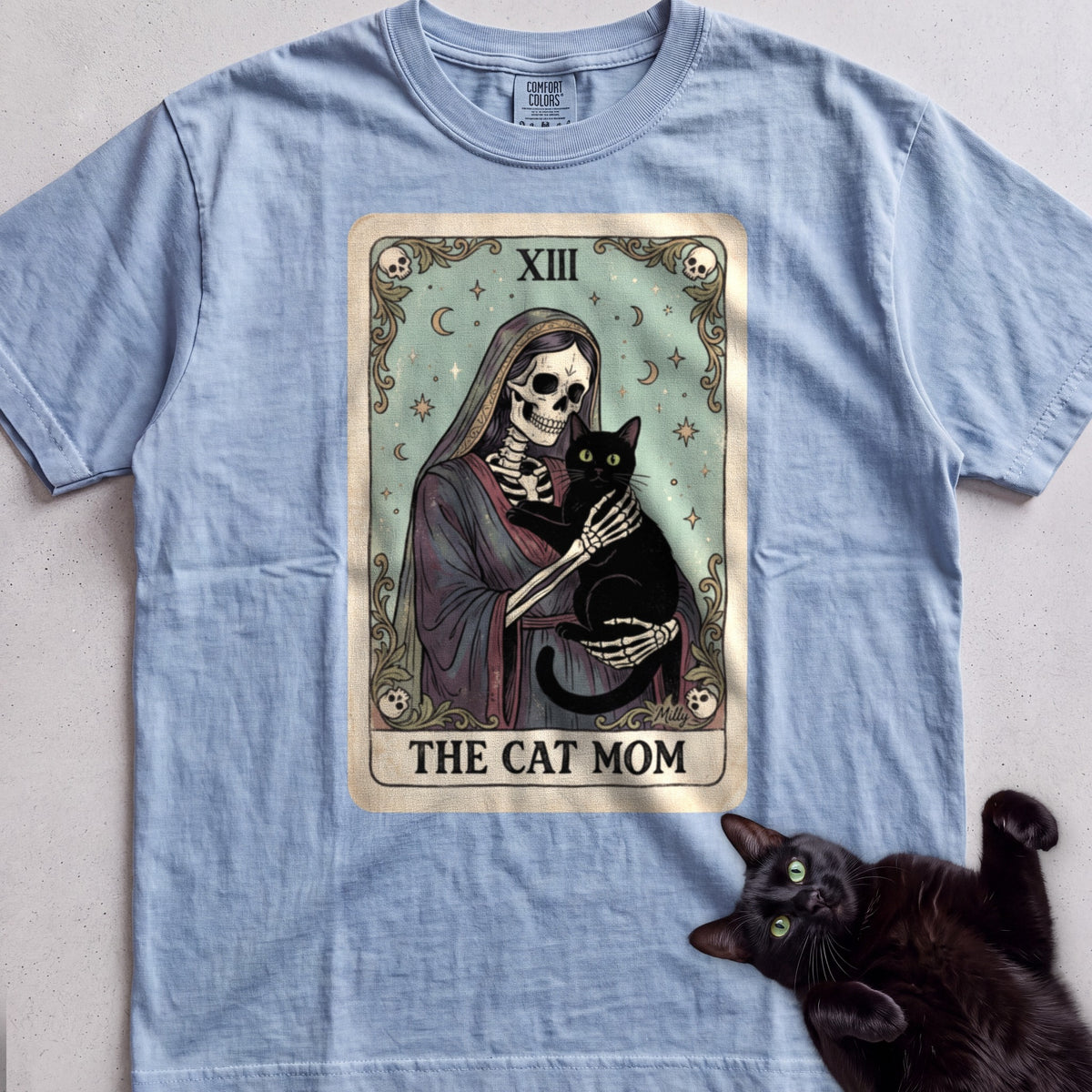 Tarot 'The Cat Mom' Personalized tee, Light Blue, with matching cat