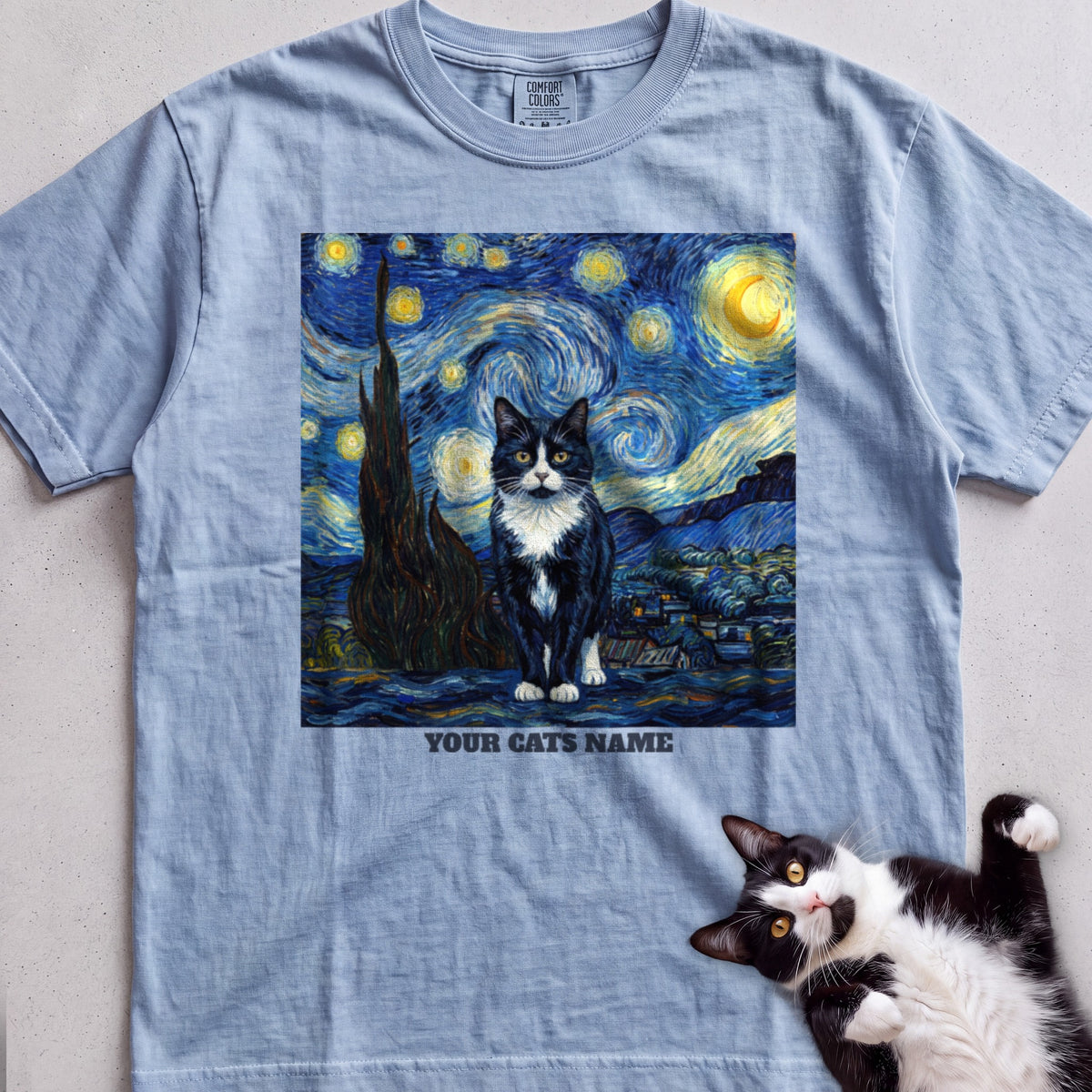 Personalized Starry Night Cat tee, Light Blue, with matching cat