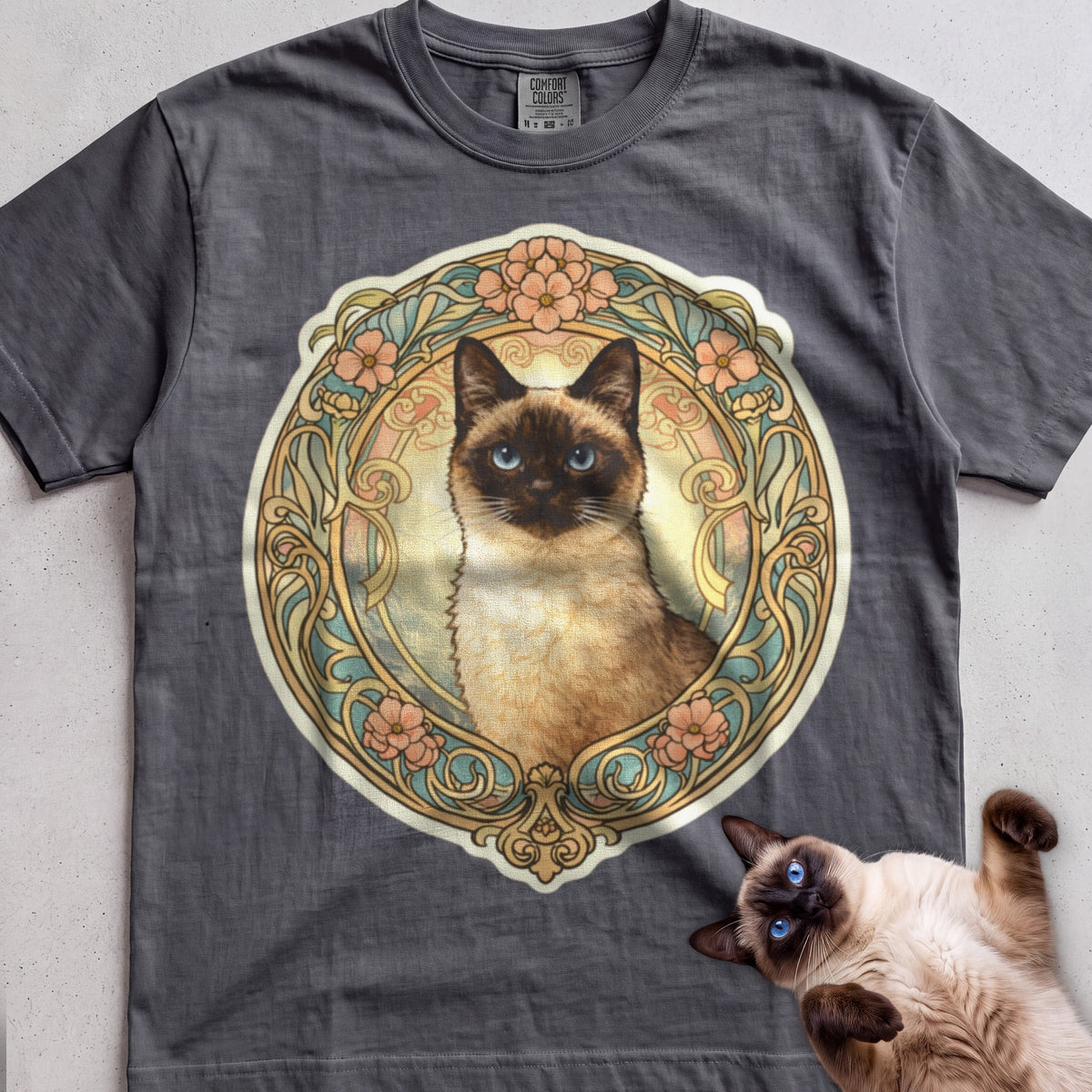 Art Nouveau Cat Portrait Personalized tee, Charcoal, with matching cat