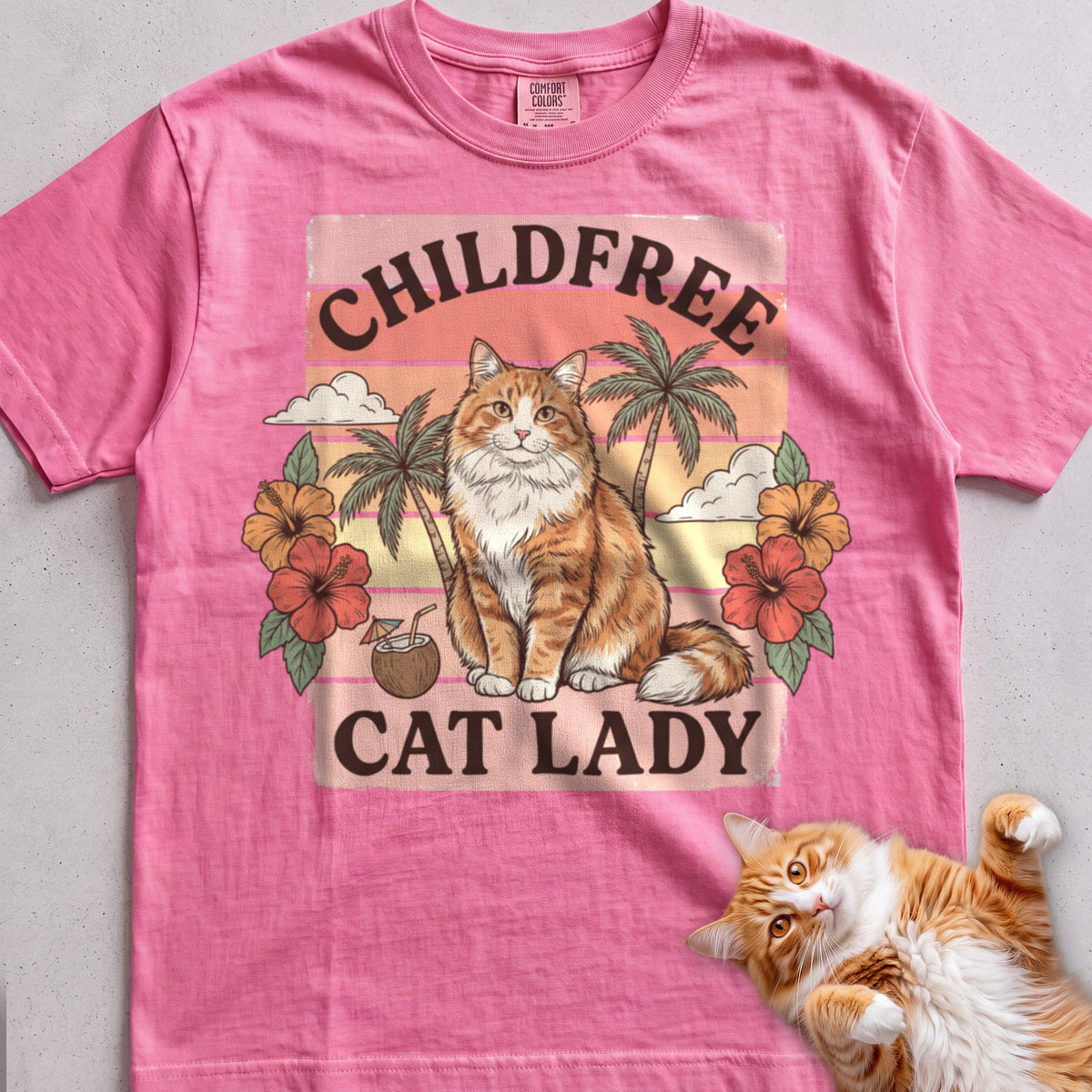 Childfree Cat Lady Customizable Personalized tee, Azalea, with matching cat