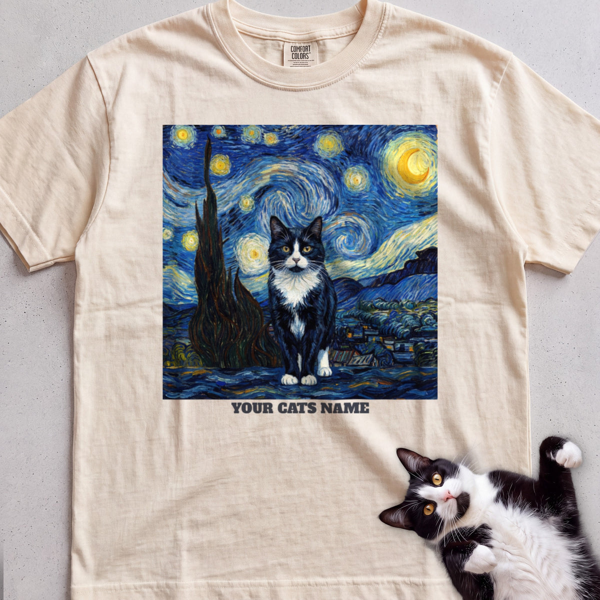 Personalized Starry Night Cat tee, Natural, with matching cat