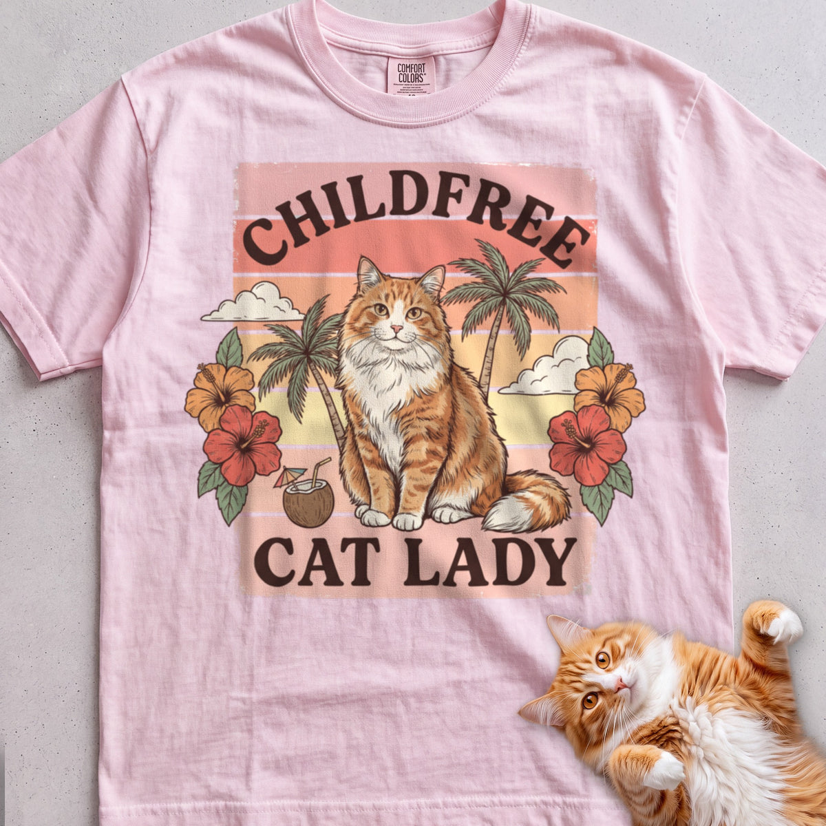 Childfree Cat Lady Customizable Personalized tee, Light Pink, with matching cat