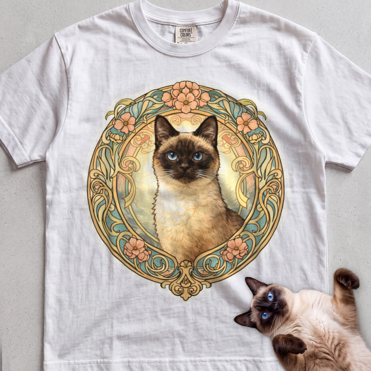 Art Nouveau Cat Portrait Personalized tee, White, with matching cat