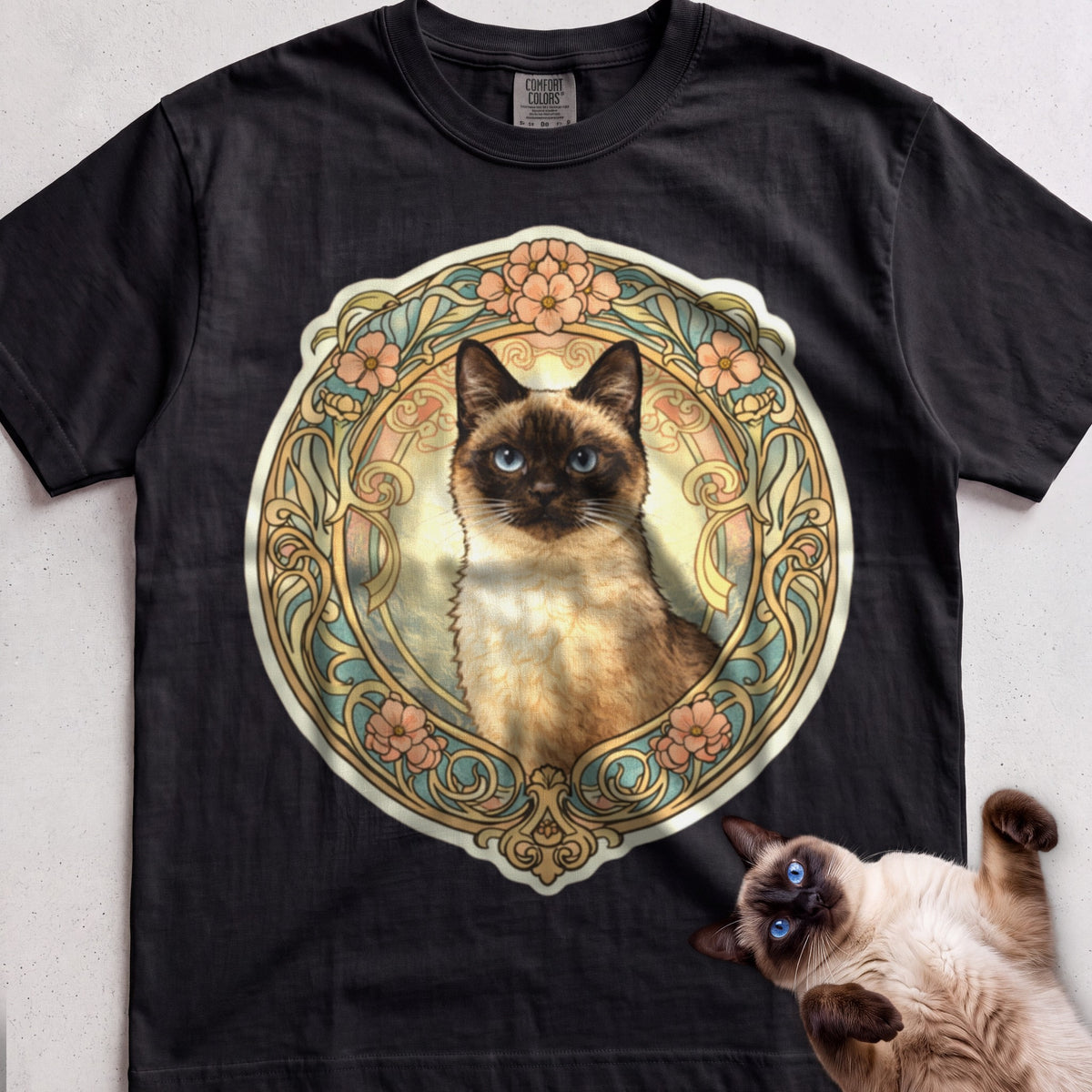 Art Nouveau Cat Portrait Personalized tee, Black, with matching cat