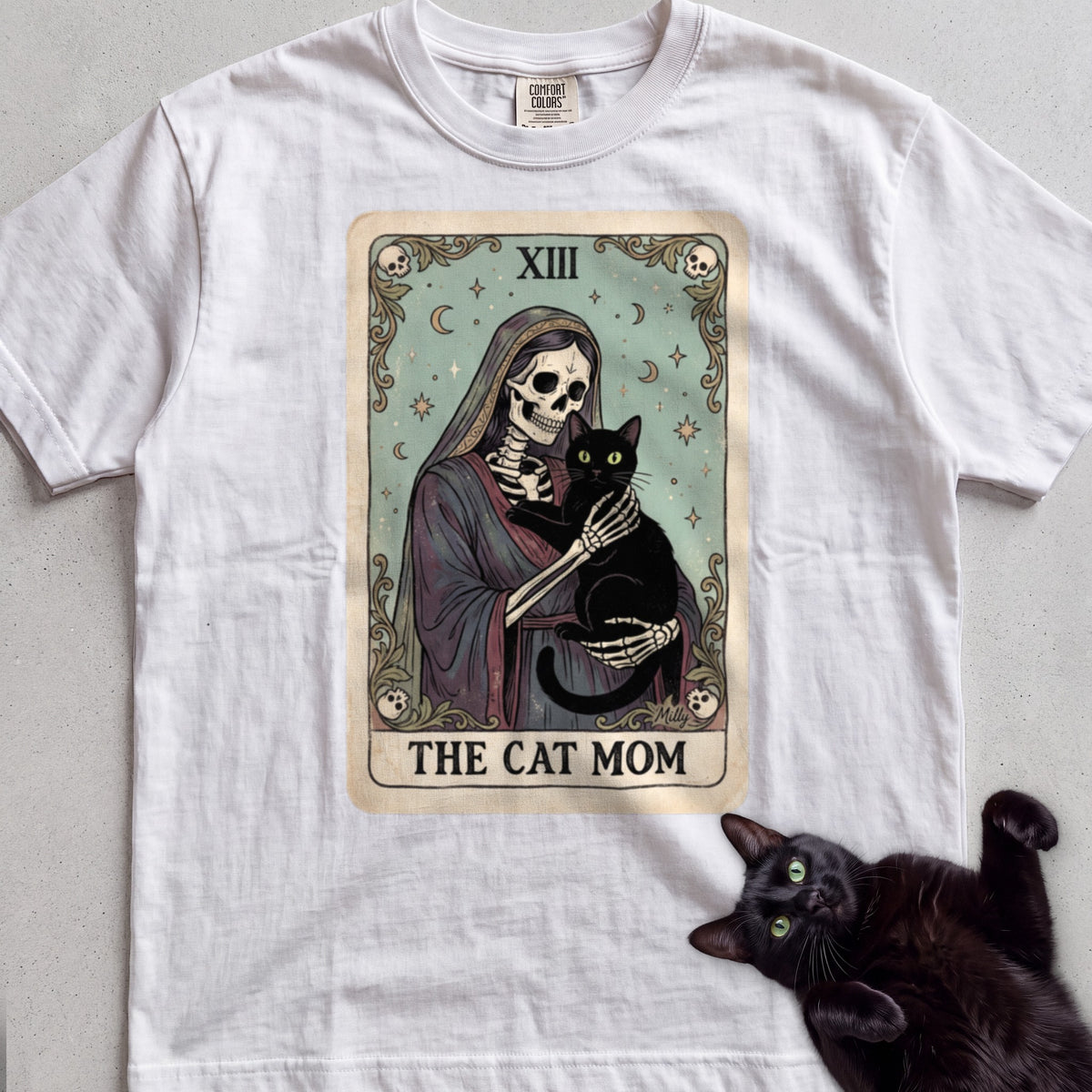 Tarot 'The Cat Mom' Personalized tee, White, with matching cat