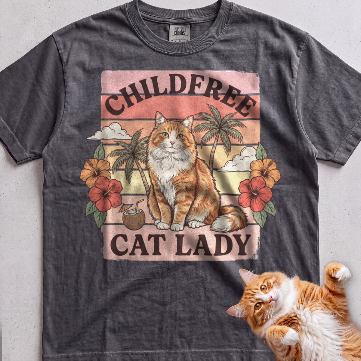 Childfree Cat Lady Customizable Personalized tee, Dark Heather, with matching cat