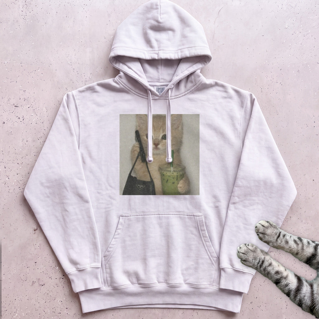 Cute Cat with Matcha Hoodie - White