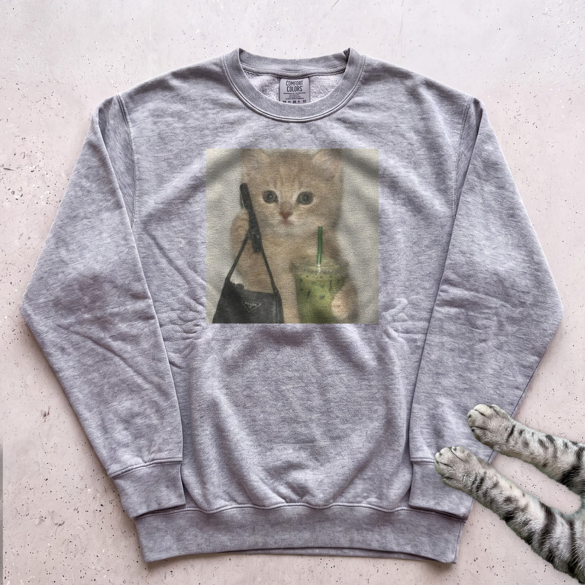 Cute Cat with Matcha Sweatshirt - Grey