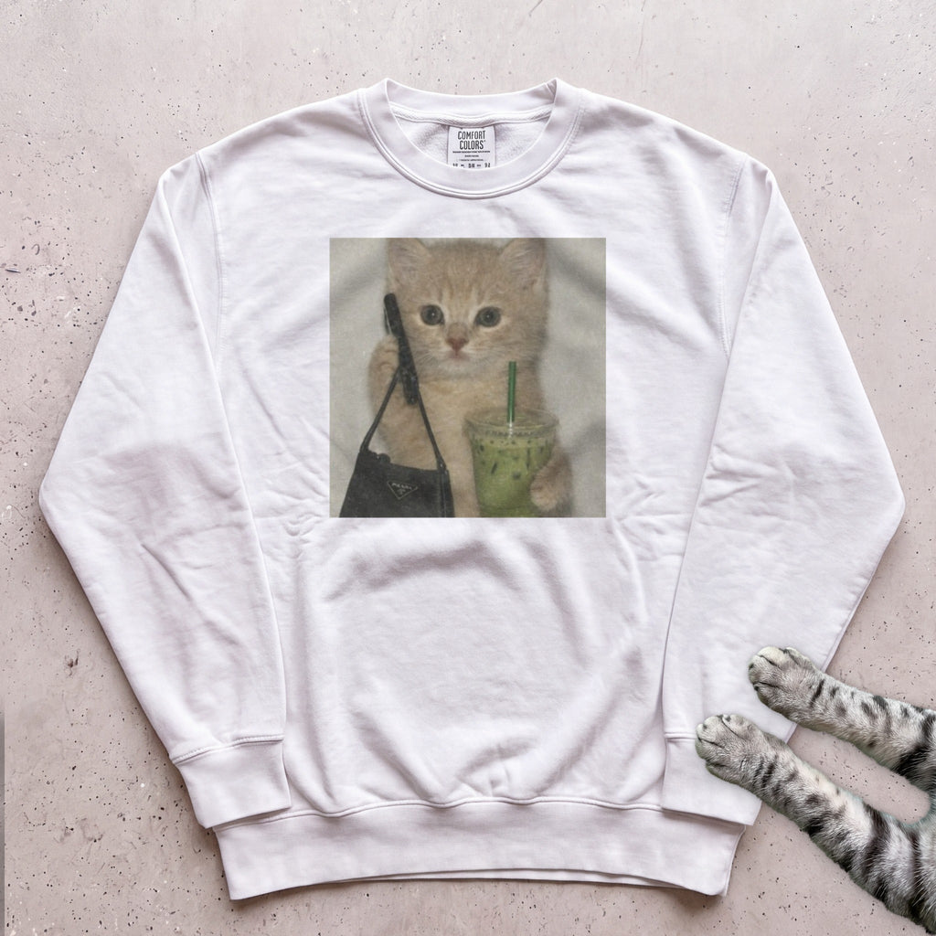 Cute Cat with Matcha Sweatshirt - White