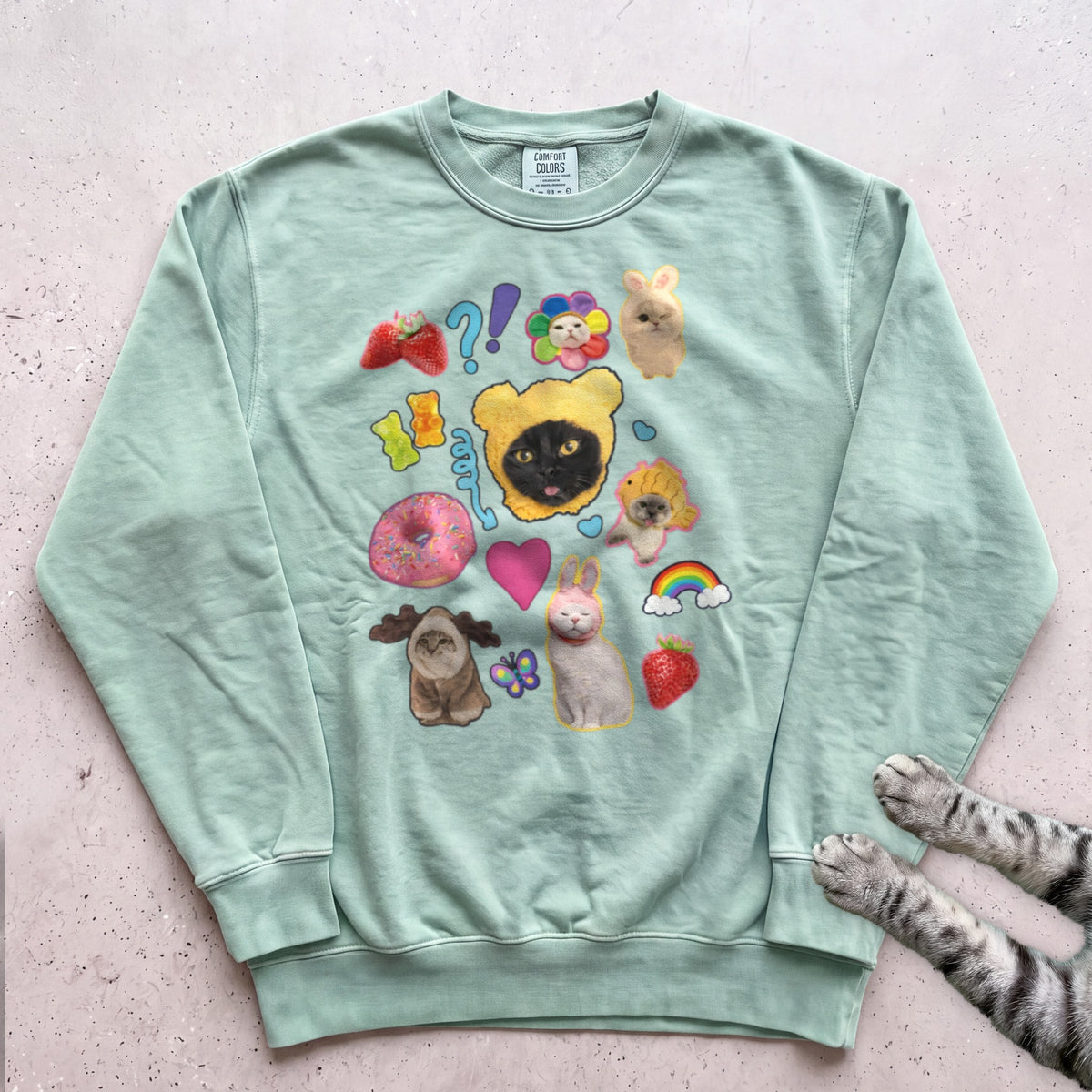 Cute Cats Sticker Collage Sweatshirt - Light Green