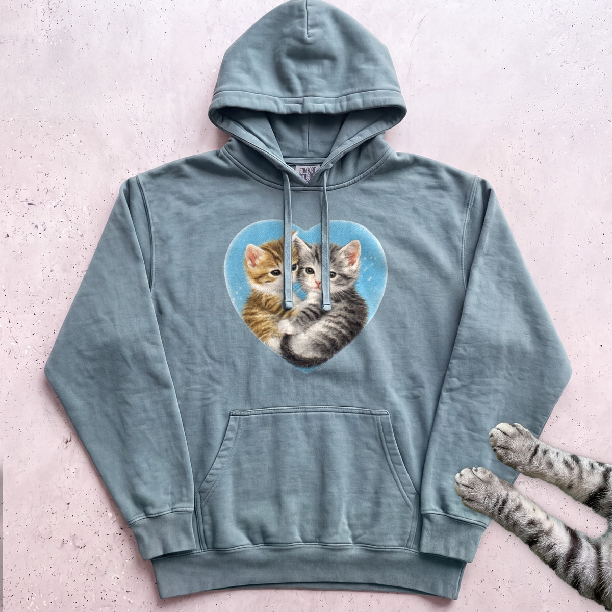 Heart Kittens Hoodie - Seafoam