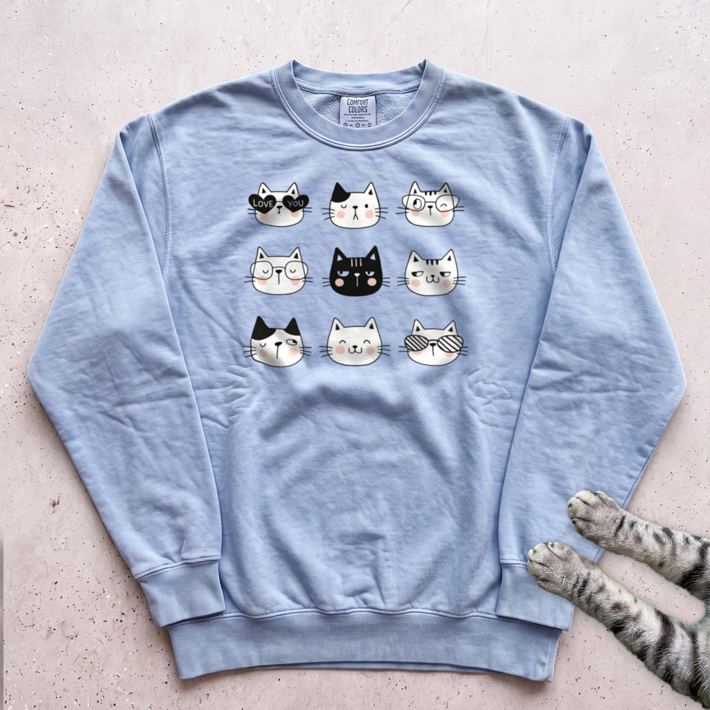 Cute Kawaii Cat Faces Sweatshirt - Chambray