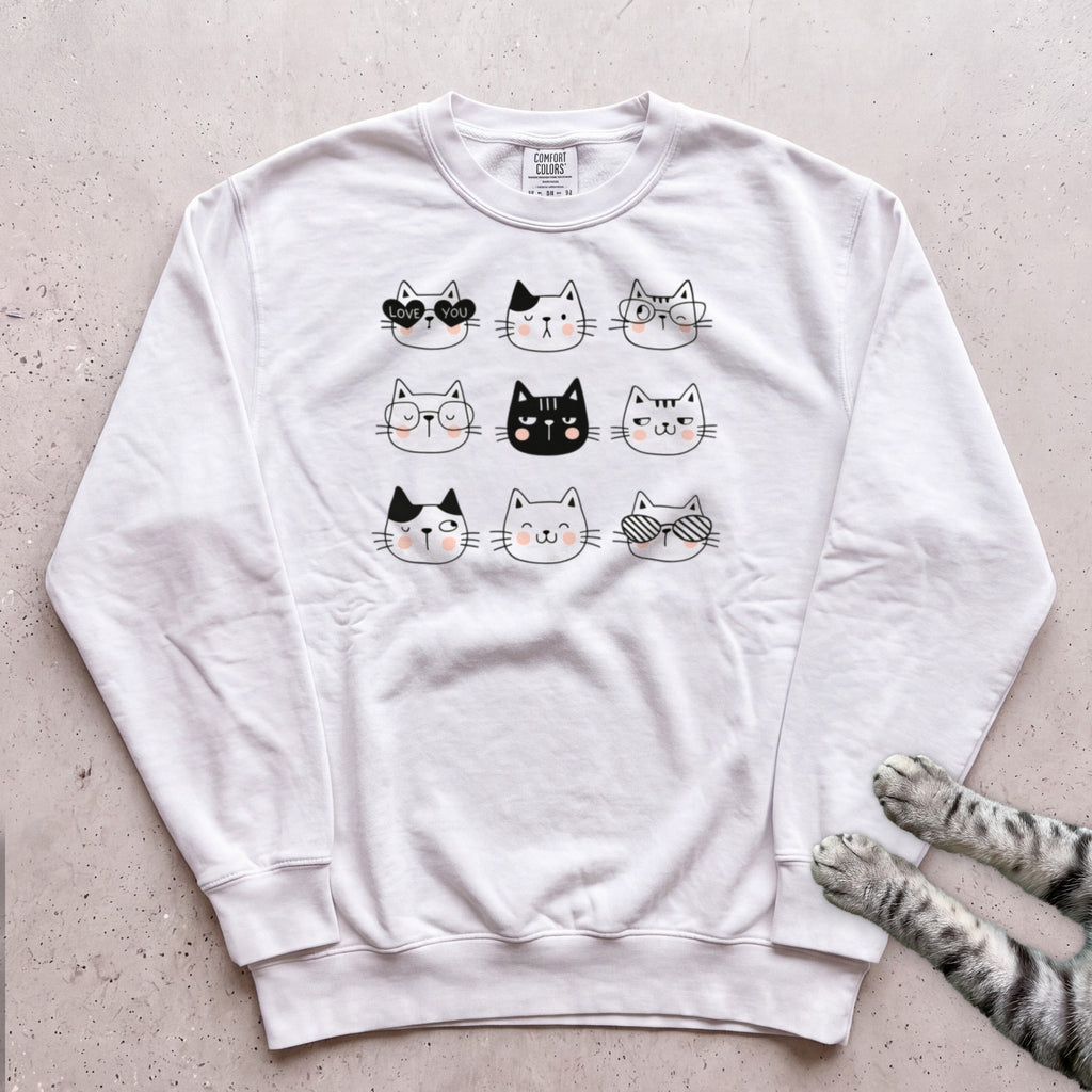 Cute Kawaii Cat Faces Sweatshirt - White