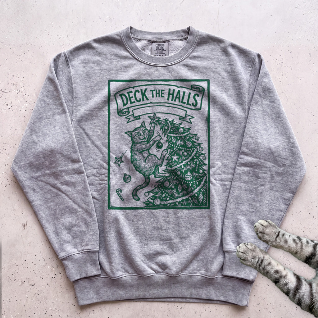 Deck the Halls Then Knock Them Down Cat Sweatshirt - Grey