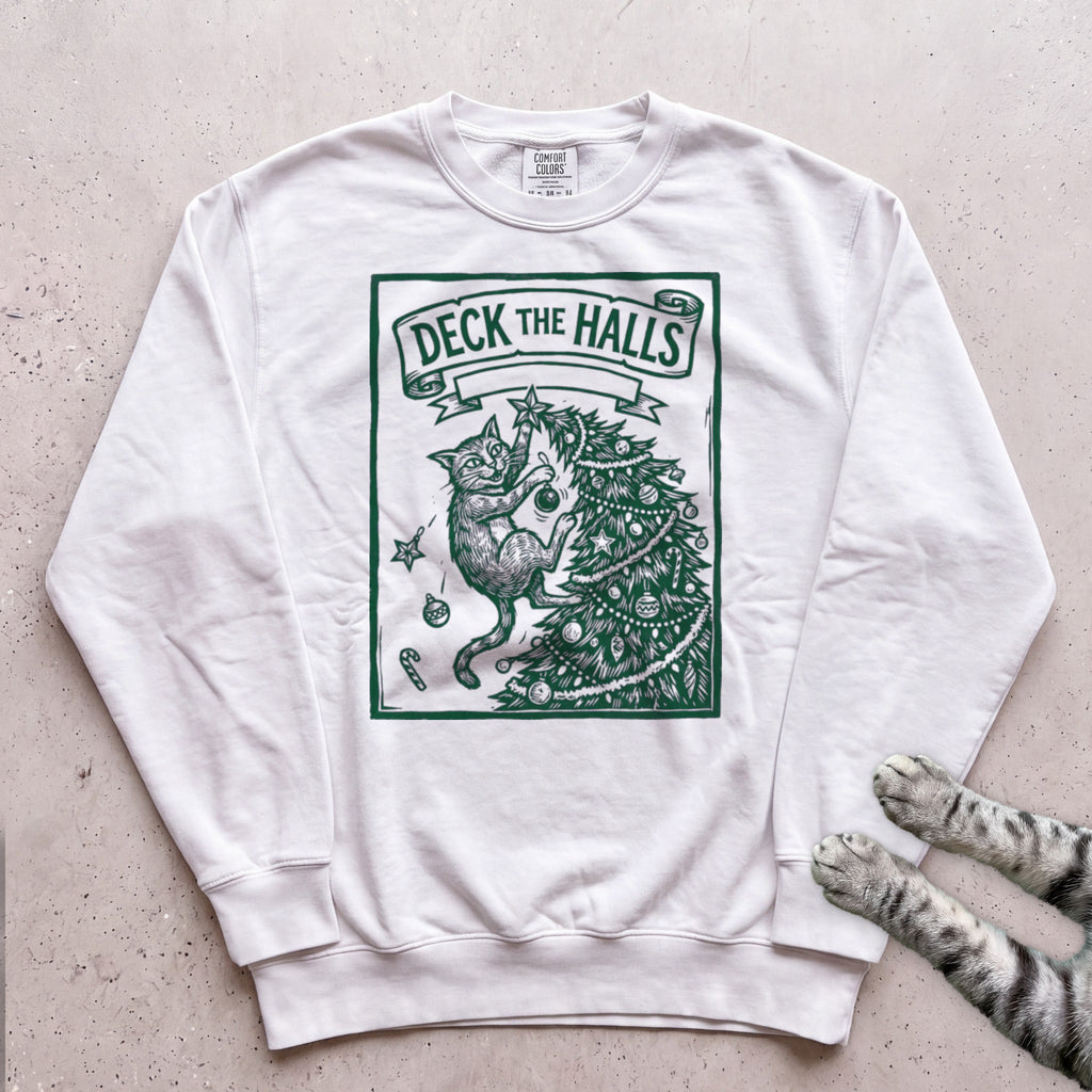 Deck the Halls Then Knock Them Down Cat Sweatshirt - White