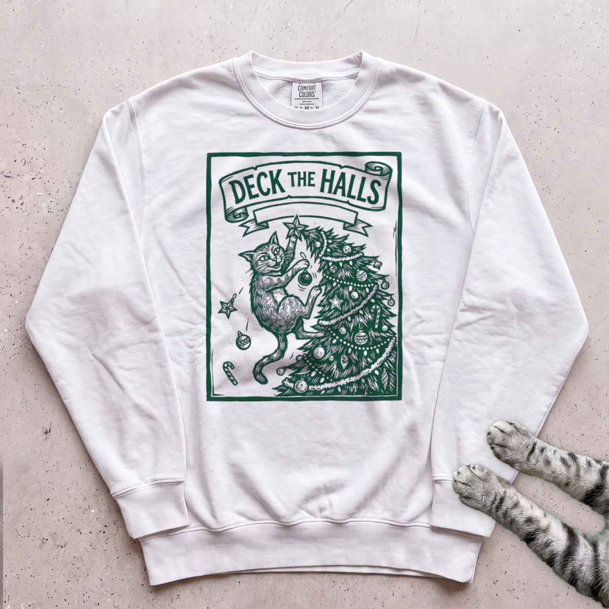 Deck the Halls Then Knock Them Down Cat Sweatshirt - White