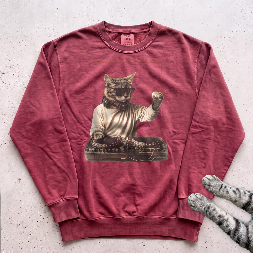 DJ Cat Vintage Mixer Sweatshirt - Crimson