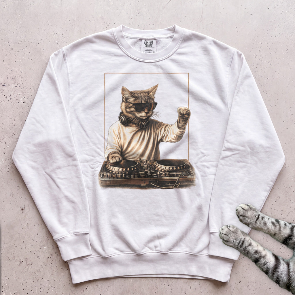 DJ Cat Vintage Mixer Sweatshirt - White