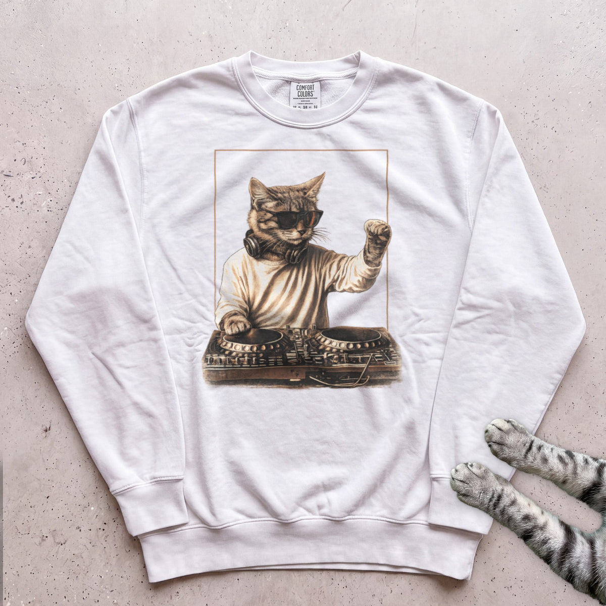 DJ Cat Vintage Mixer Sweatshirt - White