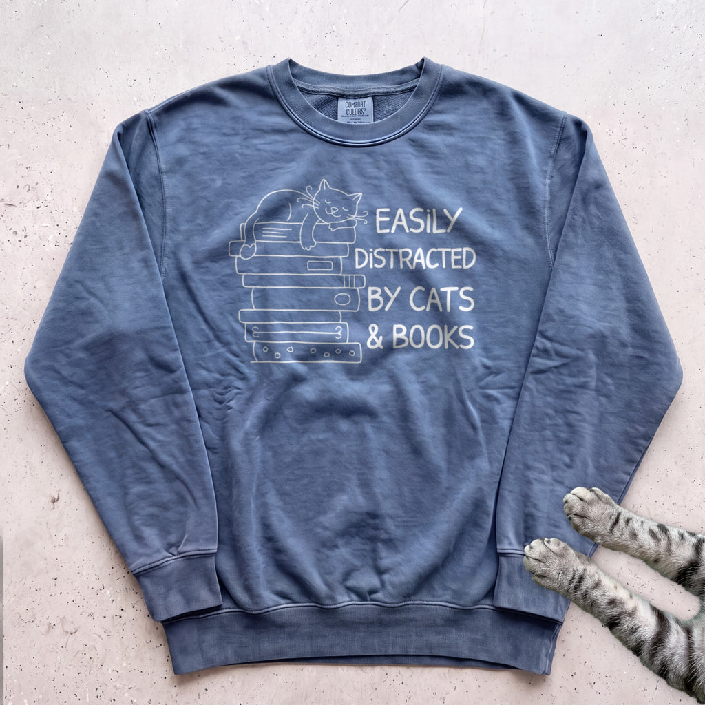 Easily Distracted by Cats & Books Sweatshirt - Blue Jean