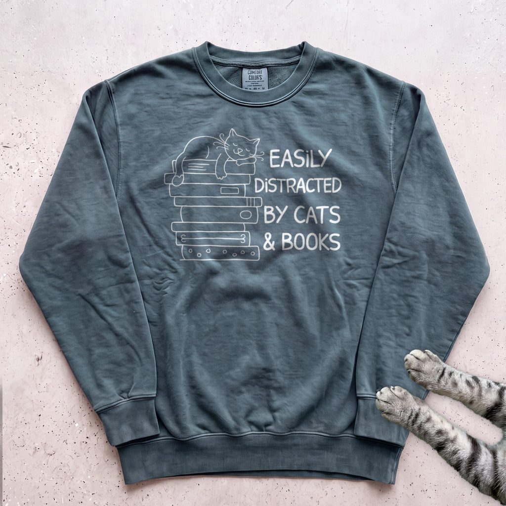 Easily Distracted by Cats & Books Sweatshirt - Blue Spruce