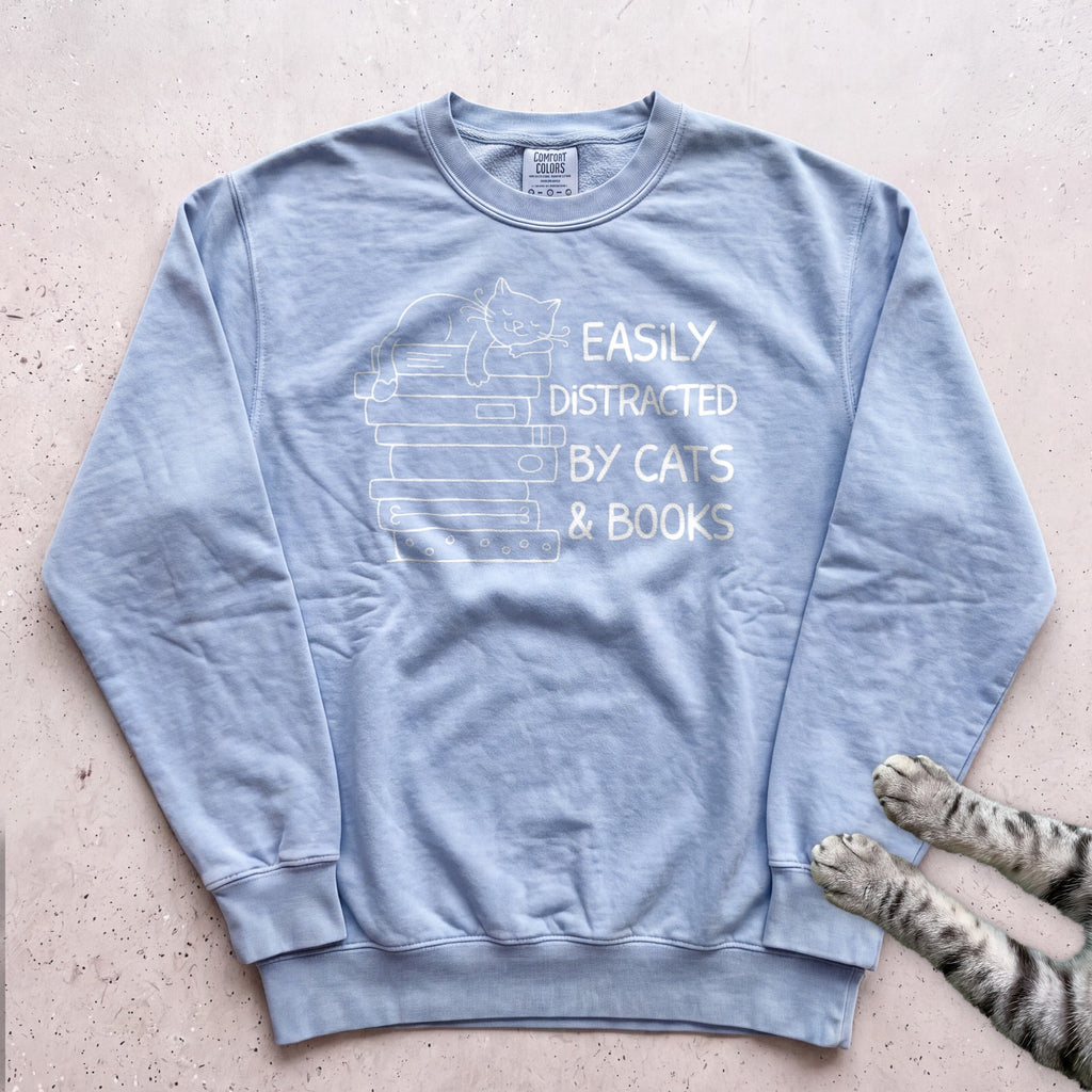 Easily Distracted by Cats & Books Sweatshirt - Chambray