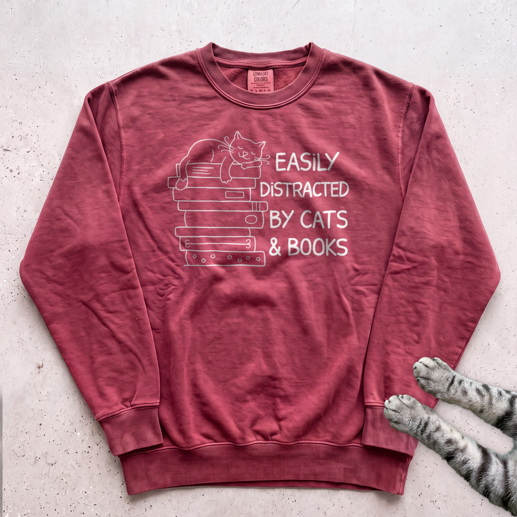 Easily Distracted by Cats & Books Sweatshirt - Crimson