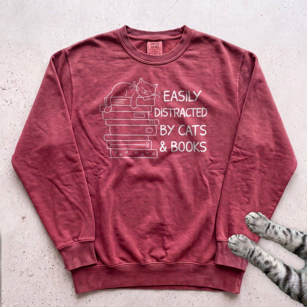 Easily Distracted by Cats & Books Sweatshirt - Crimson