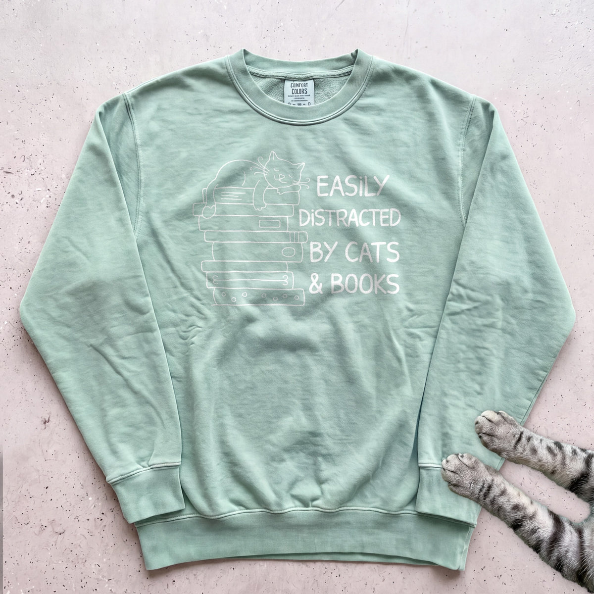 Easily Distracted by Cats & Books Sweatshirt - Light Green
