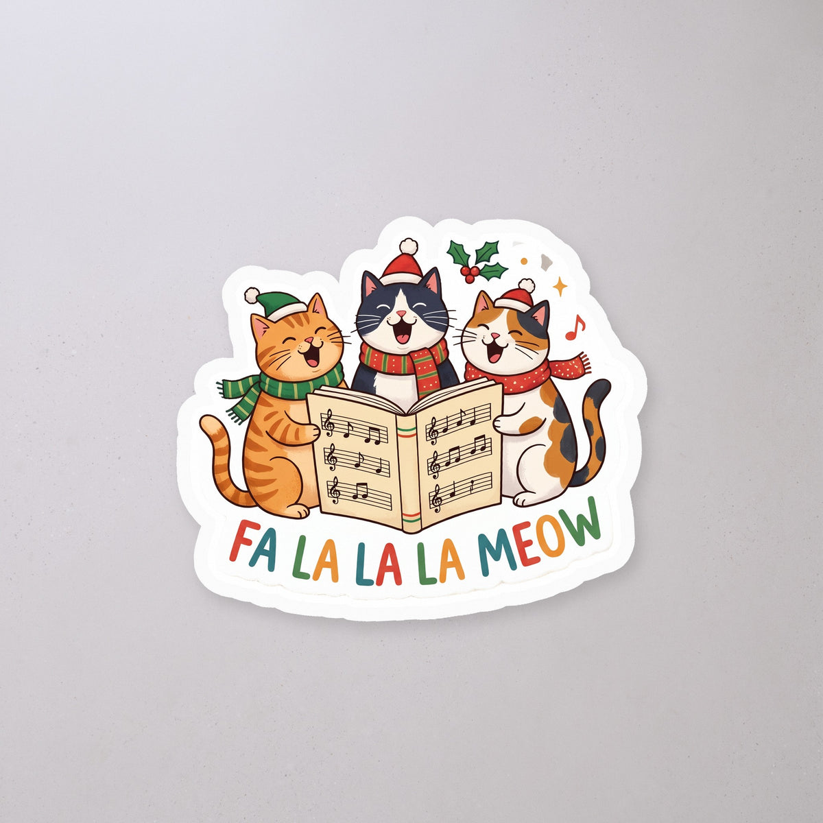 Fa La La La Meow Caroling Cats Sticker on a concrete floor