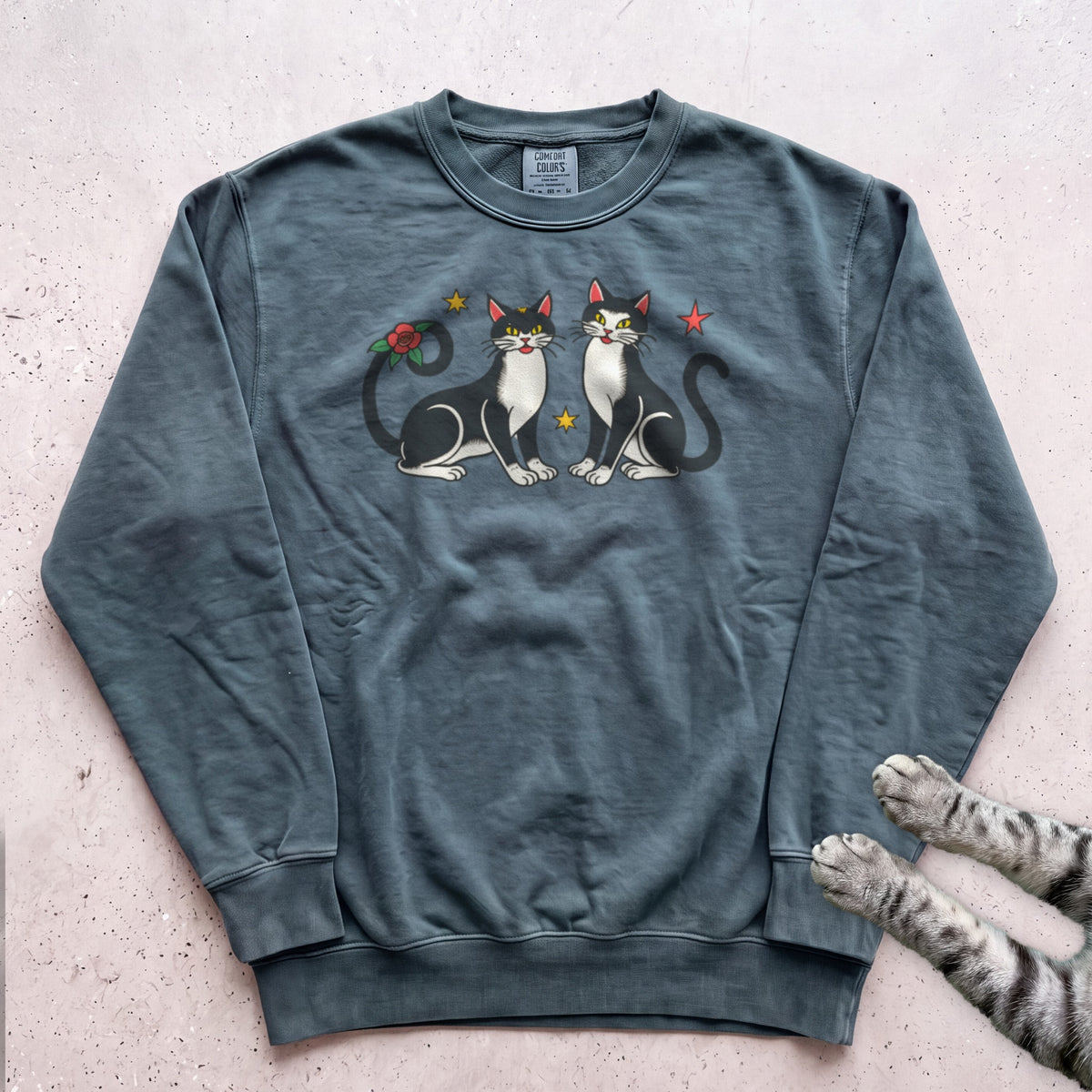 Festive Black & White Cats Sweatshirt - Blue Spruce