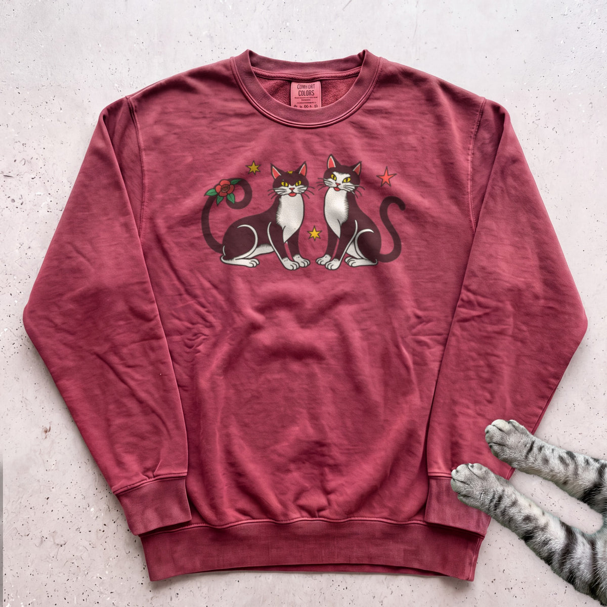 Festive Black & White Cats Sweatshirt - Crimson