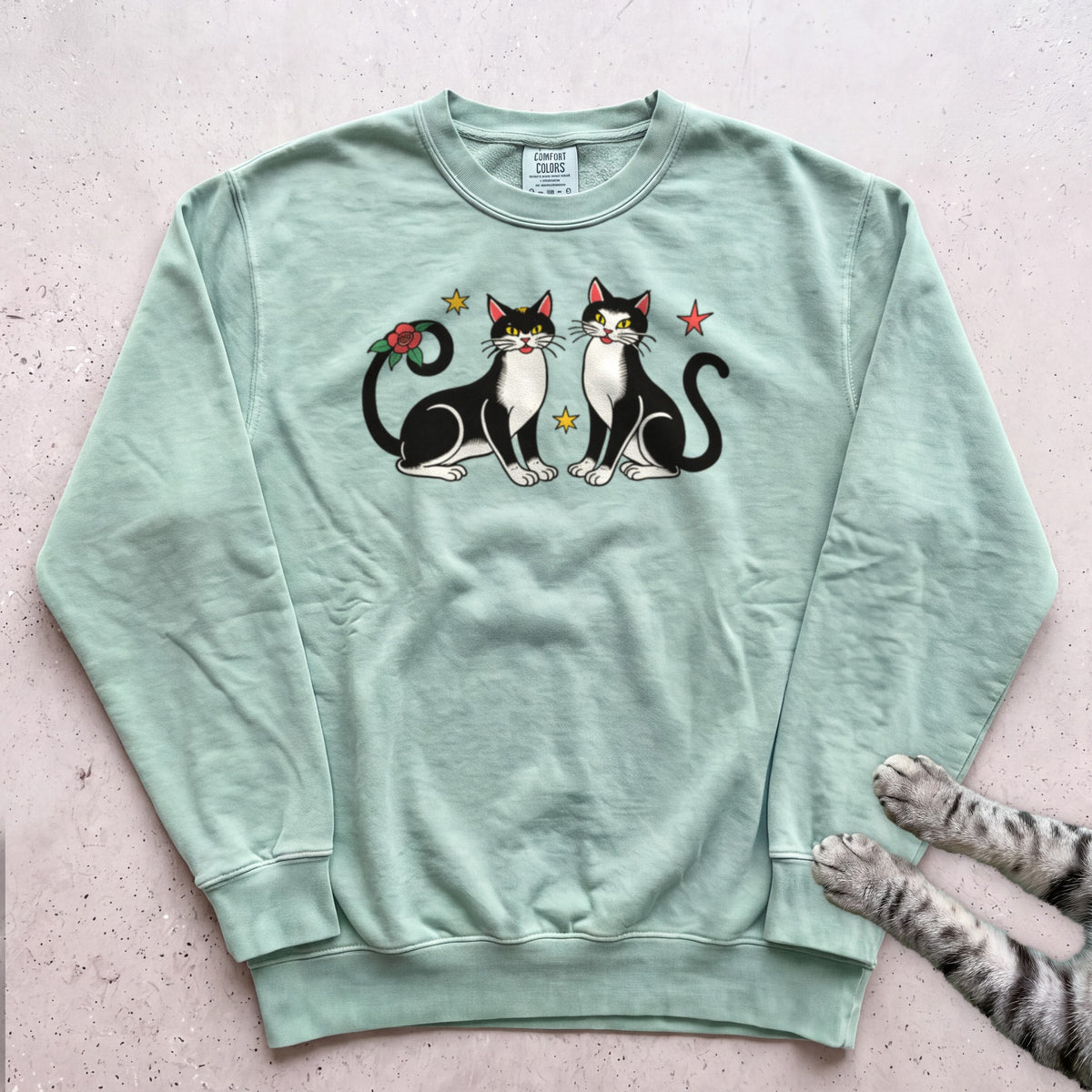 Festive Black & White Cats Sweatshirt - Light Green