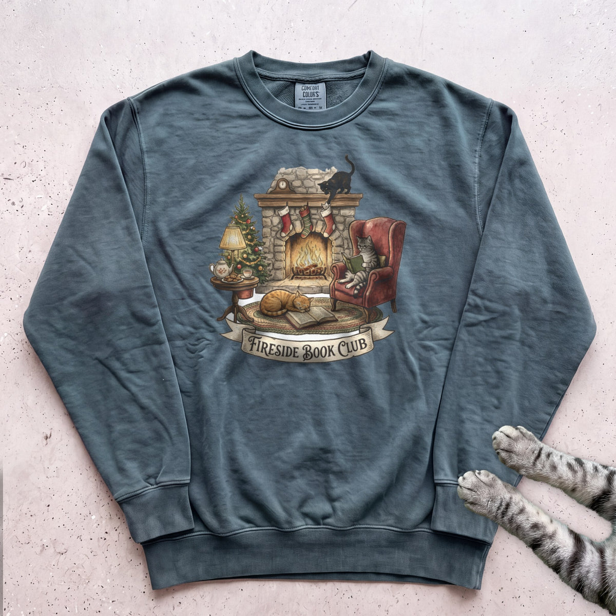 Fireside Book Club Cat Sweatshirt - Blue Spruce