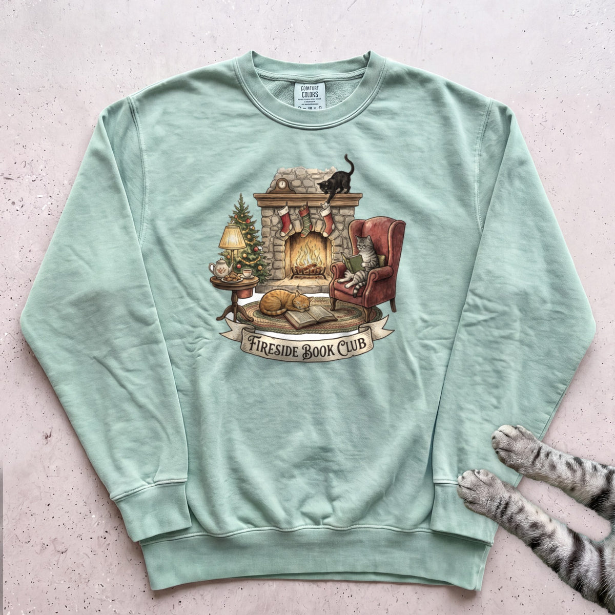 Fireside Book Club Cat Sweatshirt - Light Green