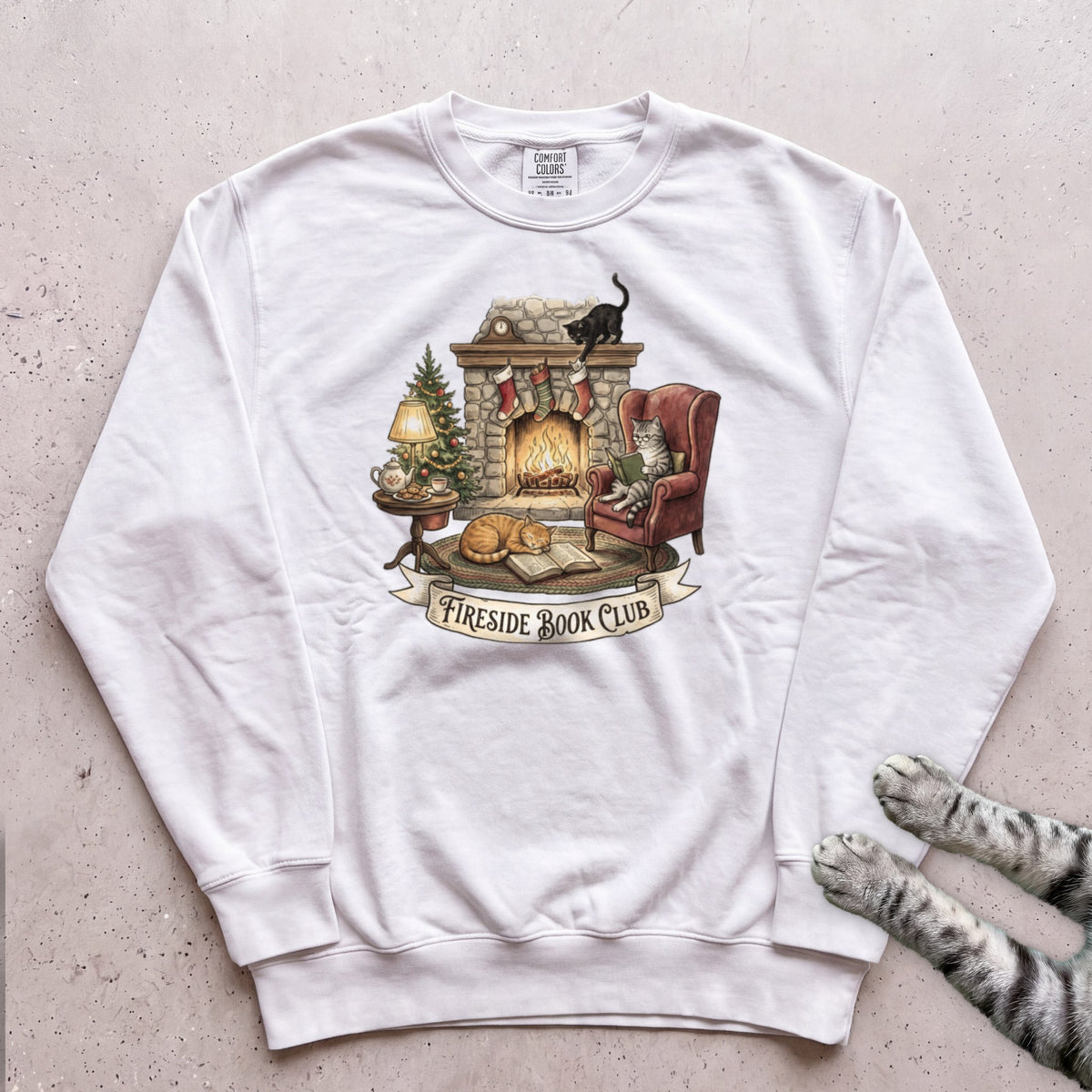 Fireside Book Club Cat Sweatshirt - White